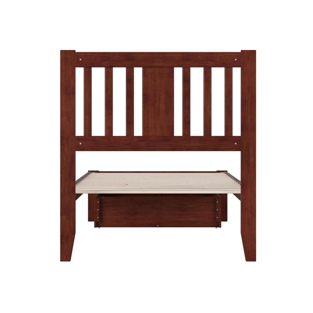 Walnut Twin Wood Frame Bed with Storage Drawer and USB Charger