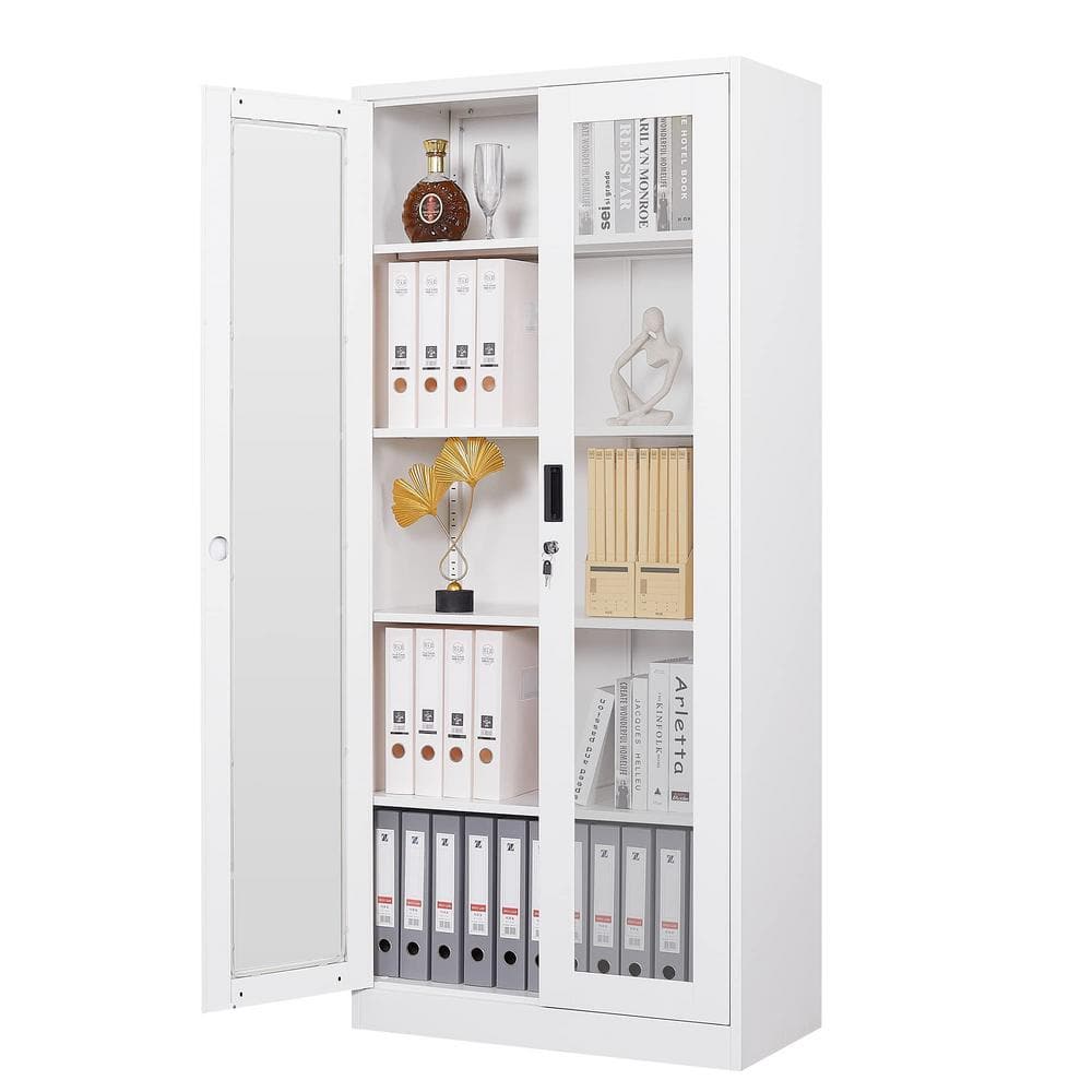 "31.5"" W x 70.87"" H x 15.75"" D Steel Storage Freestanding Cabinet with Glass Door and 4 Adjustable Shelves in White" price history on PriceWatchPro