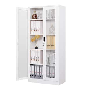 31.5" W x 70.87" H x 15.75" D Steel Storage Freestanding Cabinet with Glass Door and 4 Adjustable Shelves in White
