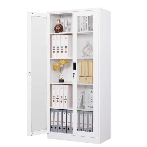 LISSIMO 31.5" W x 70.87" H x 15.75" D Steel Storage Freestanding Cabinet with Glass Door and 4 Adjustable Shelves in White