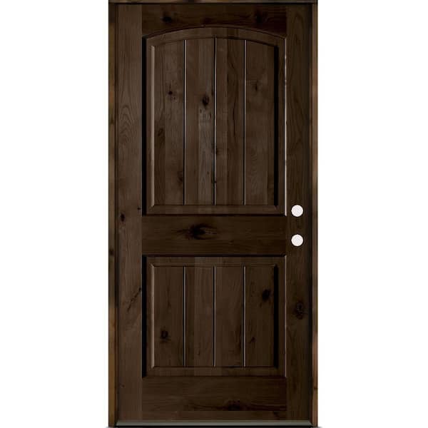 42 in. x 80 in. Rustic Knotty Alder Top Arch V-Grooved Left-Hand/Inswing BEHR True Black Stain Wood Prehung Front Door