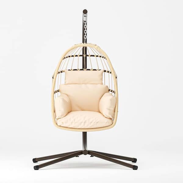 JimsMaison 42.10 in. 1-Person Wicker Hanging Porch Swing with Natural Cushions.