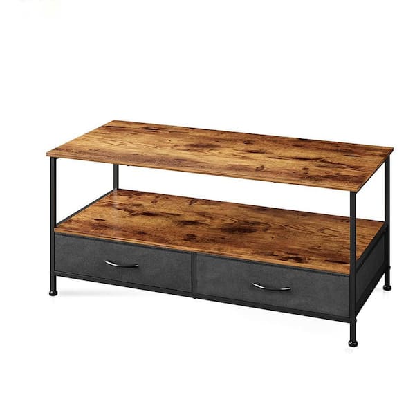 ULSMVOC SMT 42 in. Rustic Brown Rectangle Wooden Coffee Table with Storage Shelf And 2 Living Room Fabric Drawers