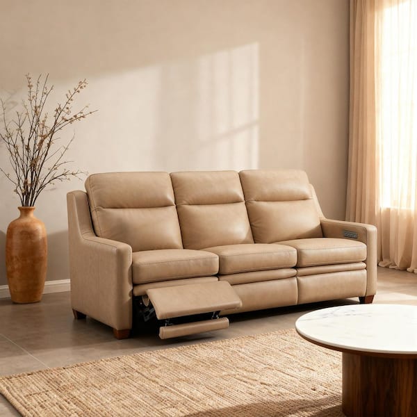 77 in. Straight Arm Genuine Leather 3-Seater Triple Power Reclining Rectangle Sofa with USBUSB-C Ports in Wheat