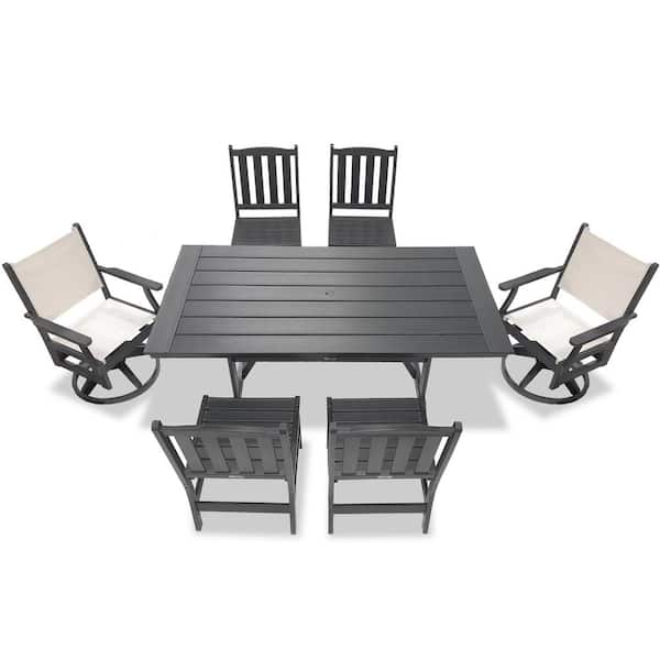 LuXeo Tuscany Gray 7-Piece HDPE Sling Swivel Rectangle Outdoor Dining Set
