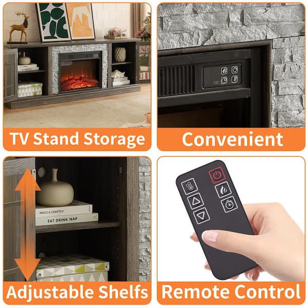 70 in. Freestanding Fireplace TV Stand for TVs Up to 75 in. with 23 in. Electric Fireplace Insert, Media Cabinet in Grey