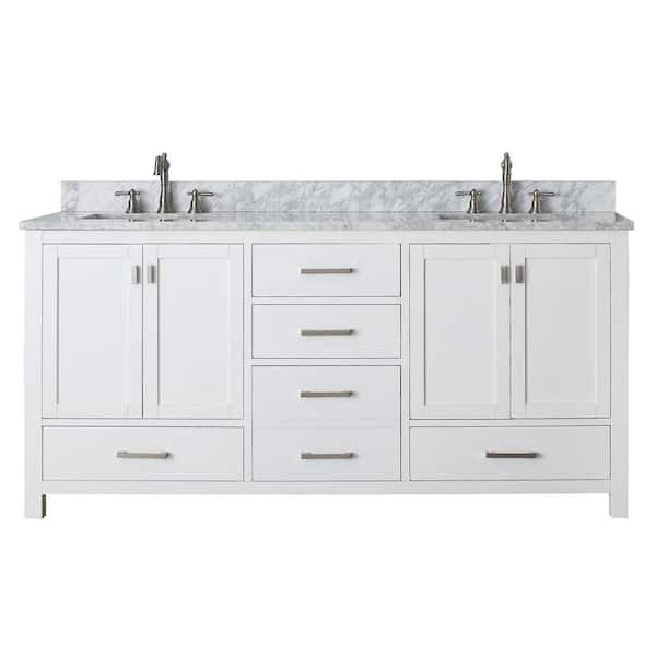 Avanity Modero 73 in. W x 22 in. D x 35 in. H Vanity in White with Marble Vanity Top in Carrera White and White Basins