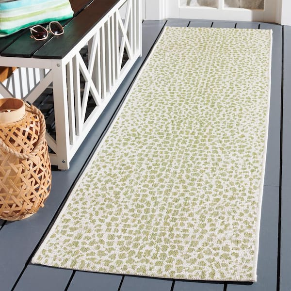 Courtyard Ivory/Sage Green 2 ft. x 8 ft. Cheetah Geometric Indoor/Outdoor Runner Rug