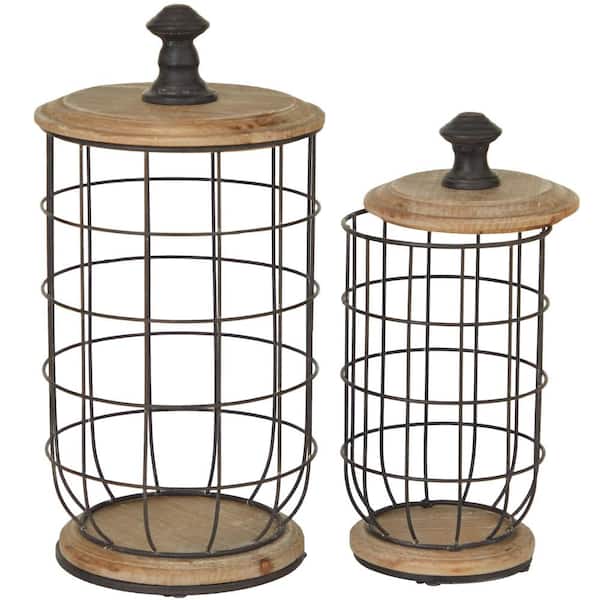 Litton Lane Black Metal Kitchen Caged Style Decorative Jars with Wood Lids (Set of 2)