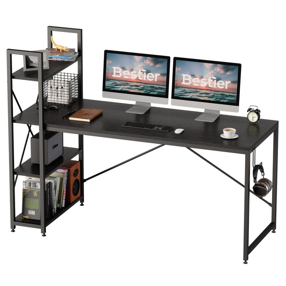 63" Black Oak Writing Desk with Headphone Hook and Reversible Bookshelf
