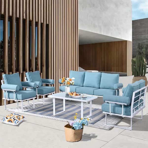 HOOOWOOO Teton Grand White 5-Piece Aluminum Outdoor Patio Conversation Set with Lake Blue Cushions