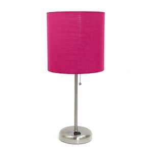 19.5 in. Brushed Steel/Pink Contemporary Bedside Power Outlet Base Standard Metal Table Desk Lamp