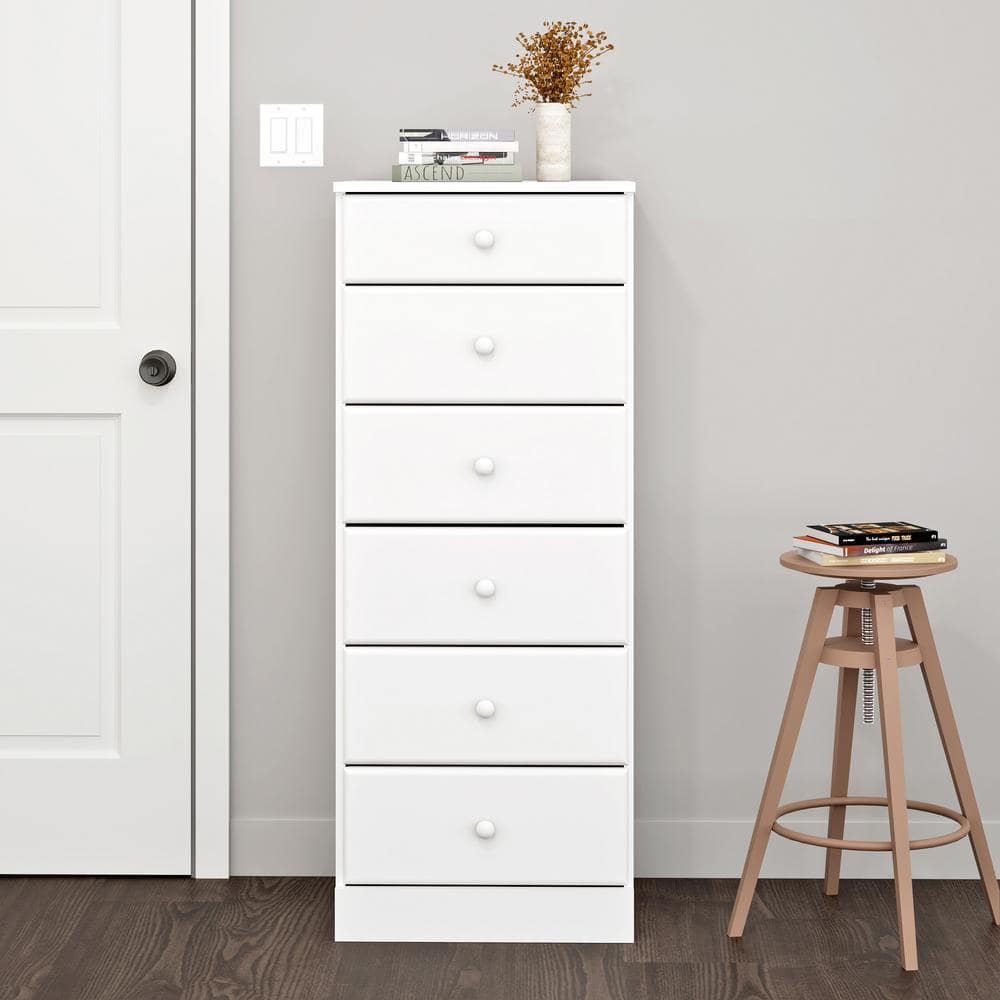 Astrid White 6-Drawer Tall Lingerie Dresser with Solid Wood Knobs