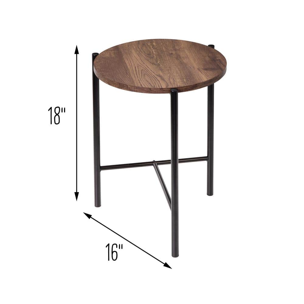Natural Wood and Black Metal Round Side Table