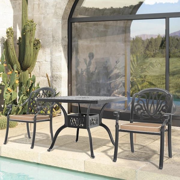 Willit Elizabeth Black 3-Piece Cast Aluminum Outdoor Dining Set with Square Table and Dining ChairsandRandom Color Seat Cushion