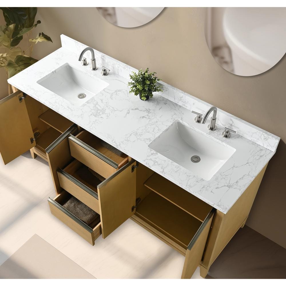 72" Natural Oak Double Sink Bathroom Vanity with Marble Top