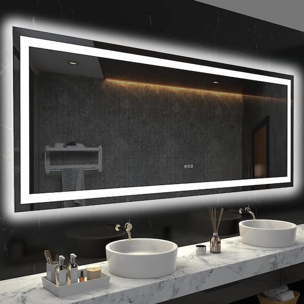 LASIHEM 72 in. W x 32 in. H Rectangular Frameless LED Light Wall Bathroom Vanity Mirror with Anti-Fog in Black