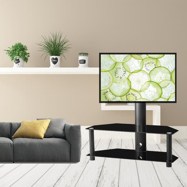 GODEER 43.30 in. Black TV Stand Fits TV's up to 65 in. 2 Tier Tempered Glass Shelves for Multiple Media Devices