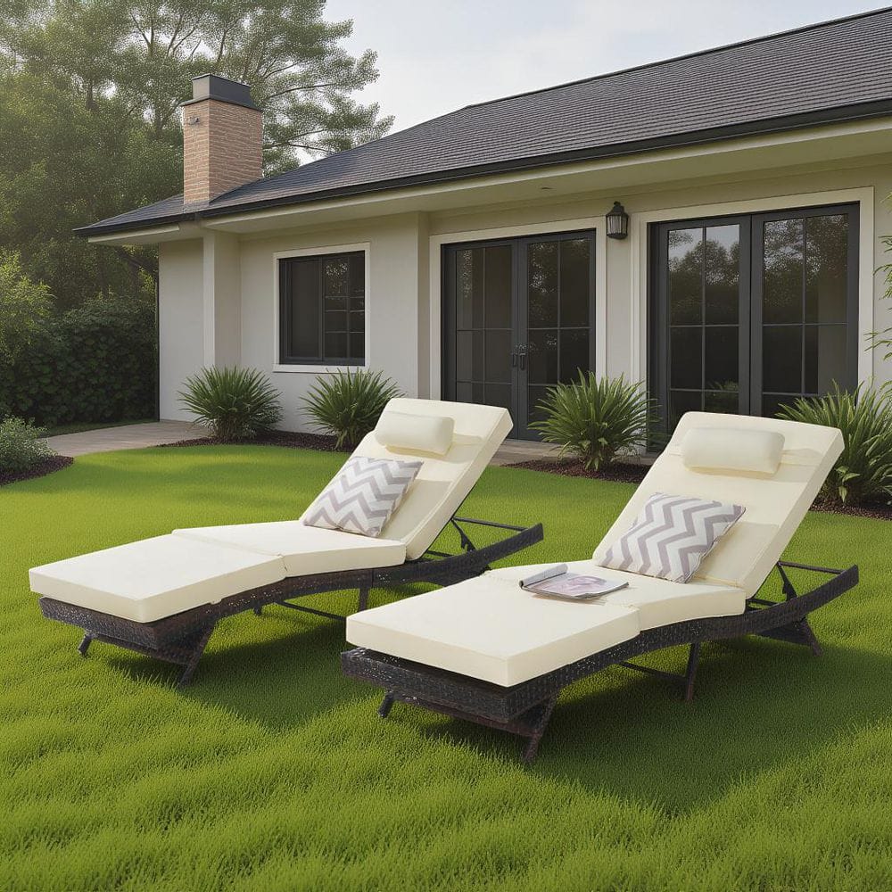 Wicker Outdoor Long Reclining Chair (Set of 2), Chaise Lounge Chair with Beige Cushion price history on PriceWatchPro