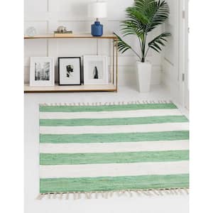 Chindi Rag Striped Green and Ivory 7 ft. 10 in. x 7 ft. 10 in. Area Rug