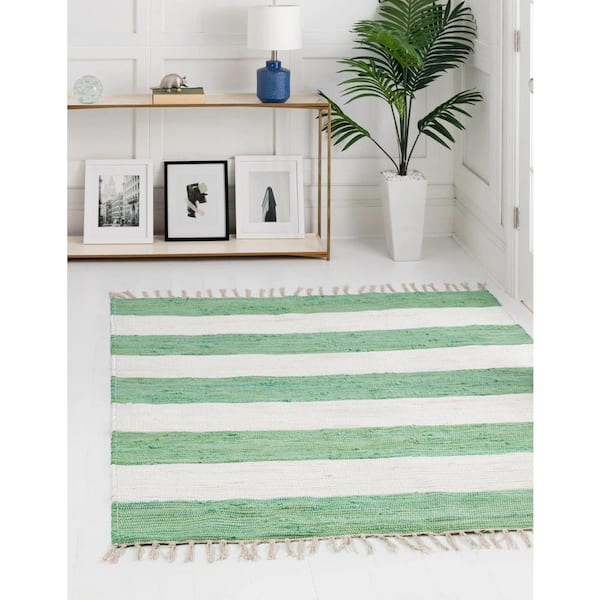 Chindi Rag Striped Green and Ivory 7 ft. 10 in. x 7 ft. 10 in. Area Rug