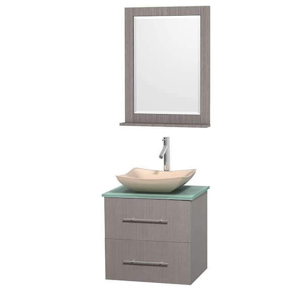 Wyndham Collection Centra 24 in. Vanity in Gray Oak with Glass Vanity Top in Green, Ivory Marble Sink and 24 in. Mirror