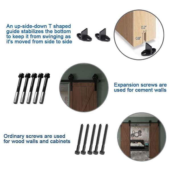 8 ft./96 in. Black Steel Sliding Barn Door Track and Hardware Kit for Double Doors with Floor GuideBigwheel J Shape)