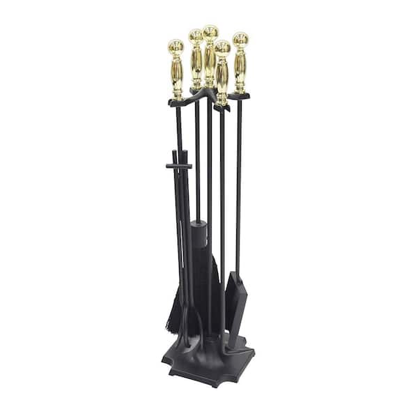 ACHLA DESIGNS Carlisle 30.5 in. Tall 5-Piece Polished Brass and Black Fireplace Tool Set