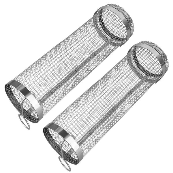 ESILOO 2-Pack 3.42 x 11.61 in. Stainless Steel Rolling BBQ Baskets-Perfect for Grilling Small Foods Rust-Resistant and Portable