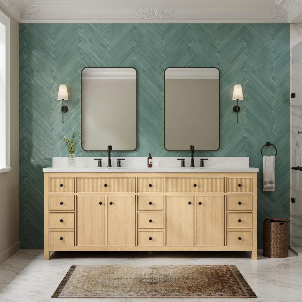 Rian 84 in. Double Freestanding Scandinavian Oak with Matte Black Trim Bath Vanity with Giotto Quartz Top price history on PriceWatchPro
