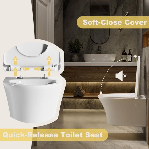 Geberit Wall Hung Toilet Elongated Dual Flush Wall Hung Toilet With Tank, Eridanus Wall Mounted Toilet Combo Set, 2x4 In-Wall Toilet Tank Carrier, Dual-Flush Plate Included, Floating Bowl With Soft-Close Seat, Glossy
