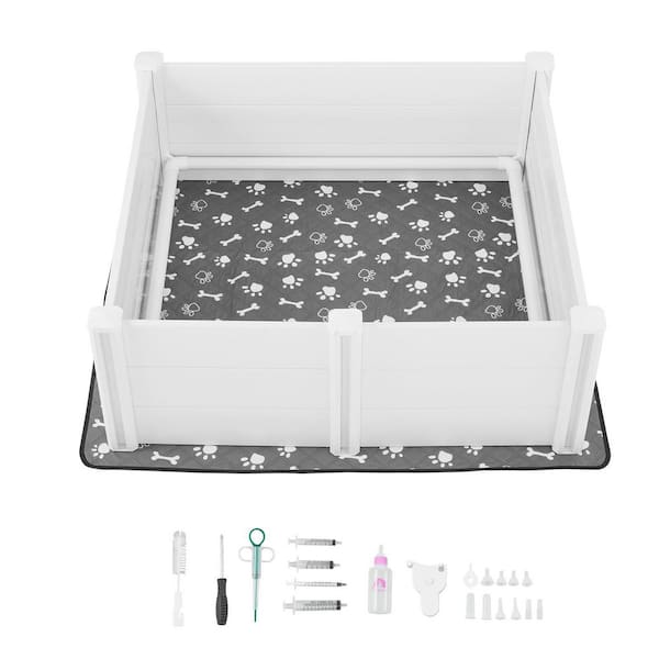 Dogs Whelping Box, 48x48x18.1 in., Plastic PVC, with Height Adjustable Door and Washable Pee Pad, Milk White 2025 Update