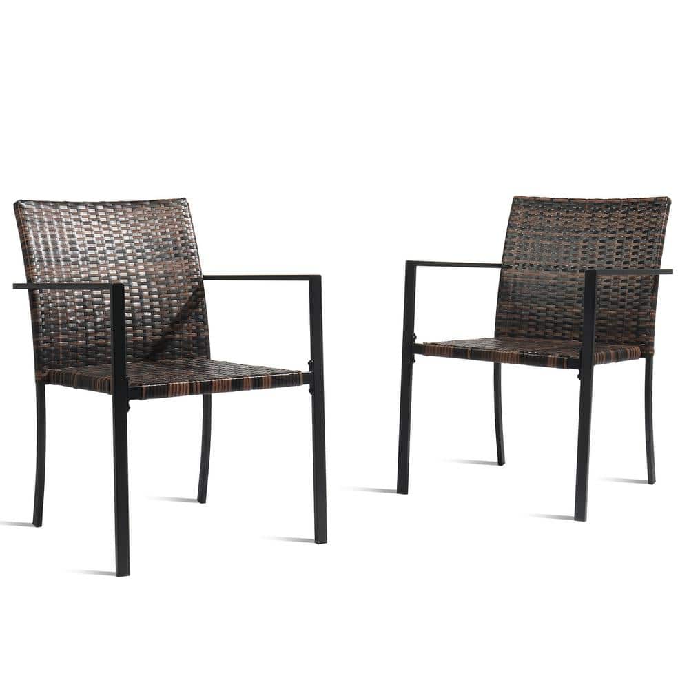 Brown Wicker and Metal Outdoor Dining Armchair Set