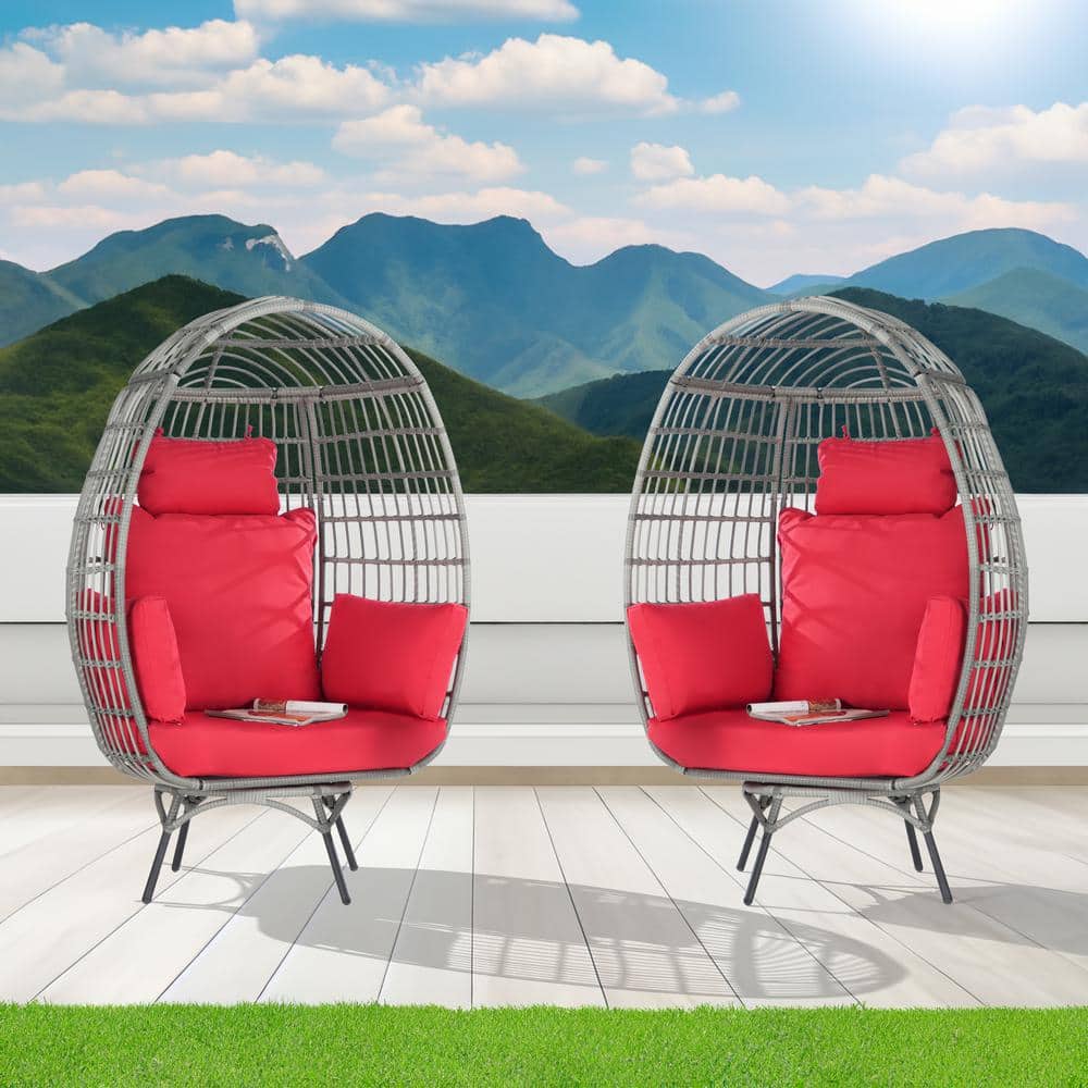 2-Pieces Patio Wicker Swivel Egg Chair, Oversized Indoor Outdoor Egg Chair,