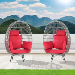 2-Pieces Patio Wicker Swivel Egg Chair, Oversized Indoor Outdoor Egg Chair, Gray Rattan Red Cushions