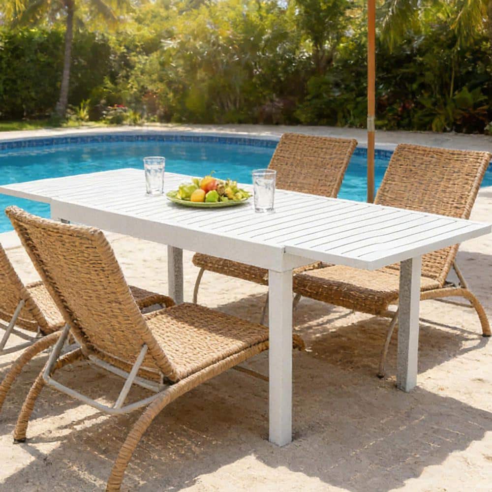Ivory White Rectangular Aluminum Outdoor Dining Table with Extension