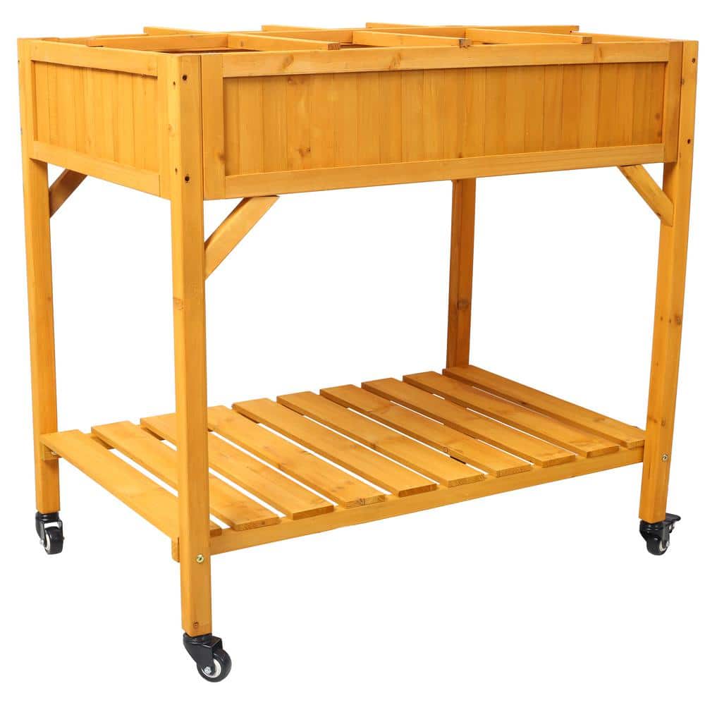 Elevated Mobile Brown Wood Herb Garden Bed with Lockable Wheels