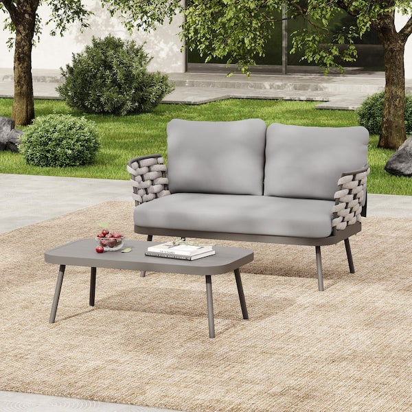 CHRISTOPHER KNIGHT HOME Julian Outdoor 2 Piece Grey Metal and Rope Weave Loveseat and Table Set Patio Conversation Set with Light Gray Cushions