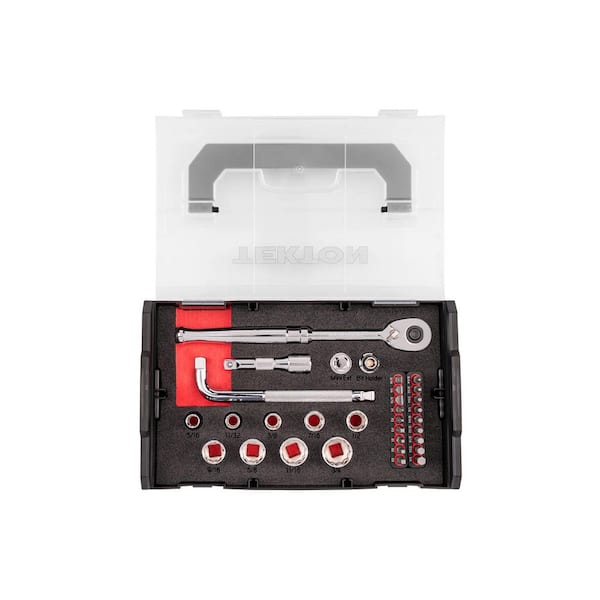 3/8 Inch Drive 12-Point Socket, Bit, and Ratchet Set with Mini Stacking Tool Box (32-Piece)