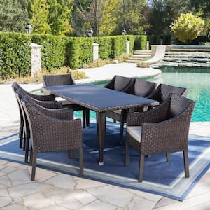 Alameda Multi-Brown 9-Piece Faux Rattan Outdoor Dining Set with Beige Cushions