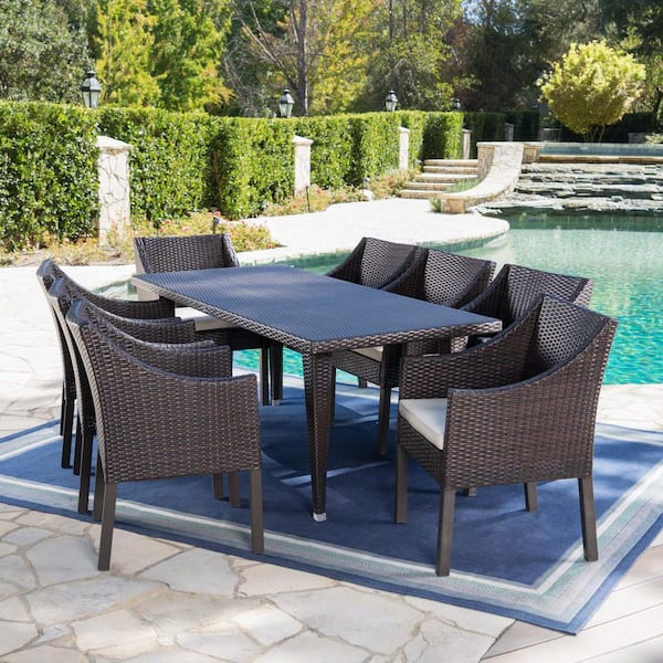 Noble House Alameda Multi-Brown 9-Piece Faux Rattan Outdoor Dining Set with Beige Cushions