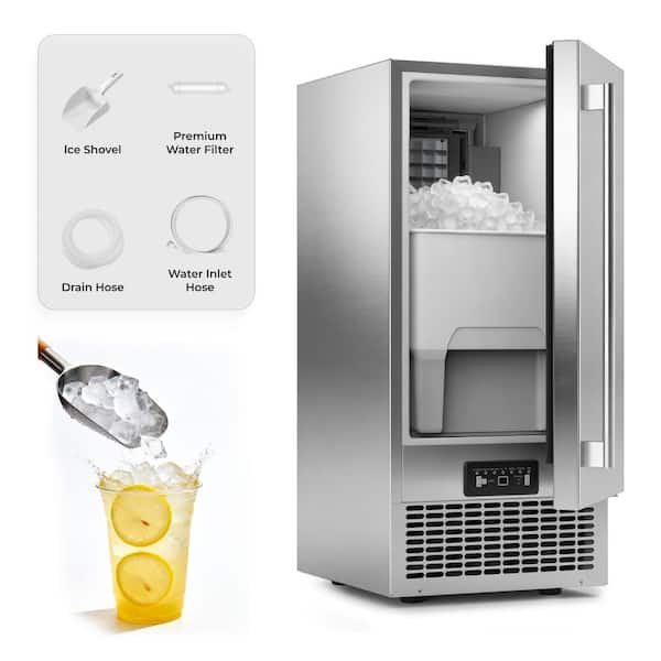 14.96 in. 120 lbs./Day Full Cube Commercial Freestanding/Built-In Ice Maker in Stainless Steel, 30 lbs. Bin, Reversible
