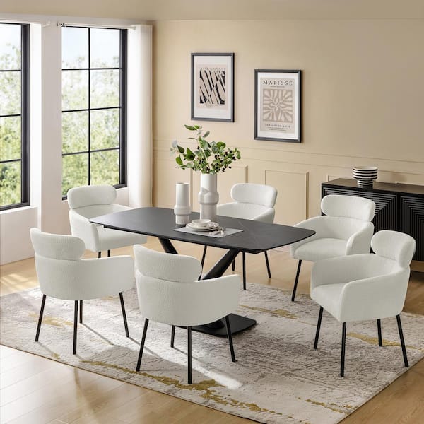JAYDEN CREATION Gun Black 7-Piece Modern Dining Set with 6 Ivory Chairs ...