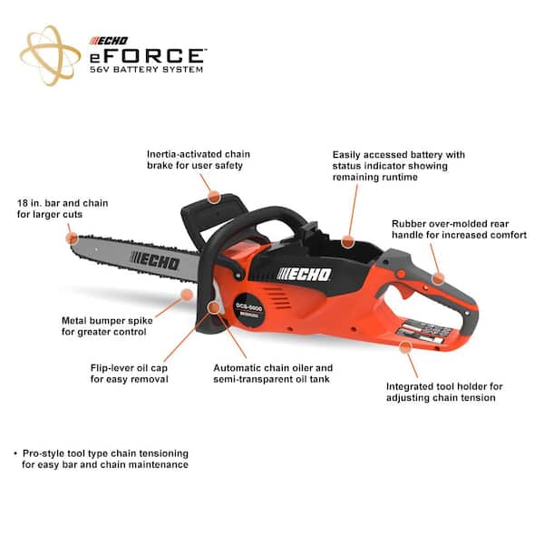 ECHO eFORCE 18 in. 56V Cordless Electric Battery Brushless Rear Handle  Chainsaw Kit with 5.0Ah Battery and Charger DCS-5000-18C2 - The Home Depot
