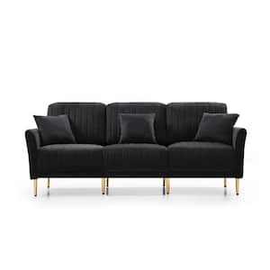 81.9 in. Wide Flared Arm Velvet Mid-Century Straight Channel Tufted Sofa with Throw Pillows in Black