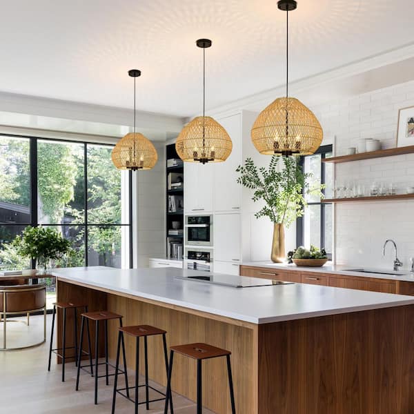 Jasslynn 40-Watt 3 Light Matte Black Farmhouse Pendant Light with Globe Rattan Shade, No Bulbs Included