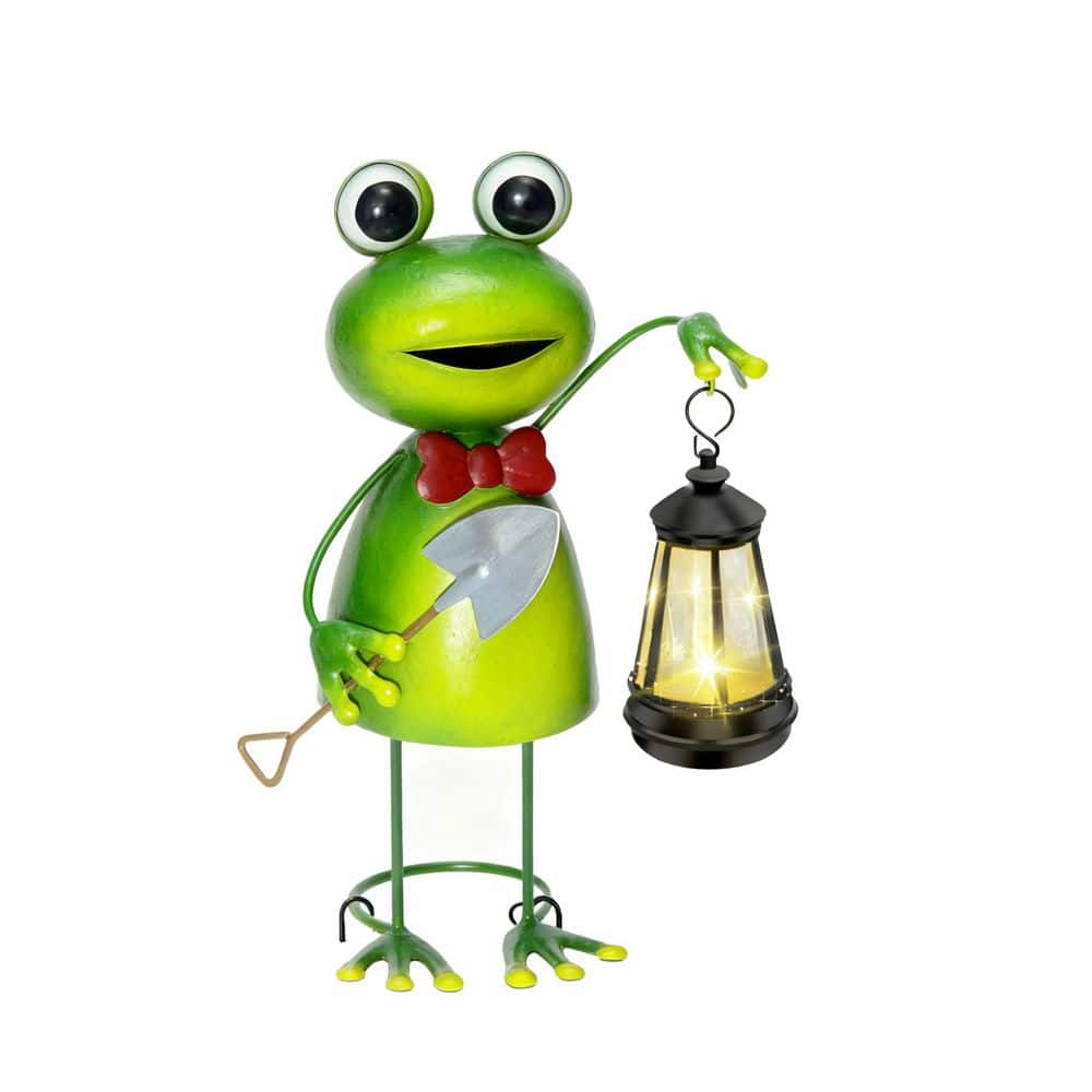 6 in. x 14 in. Green Metal Frog Garden Statue with Solar Lantern