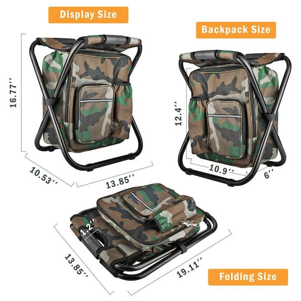 Camouflage Metal Folding Stool Backpack Insulated Cooler Bag Camping Hunting Fishing Chair