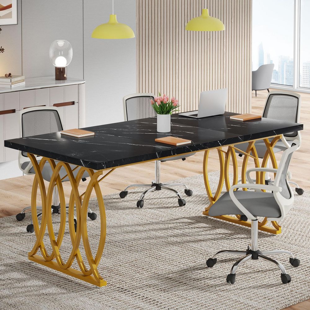 Halseey 63 in. Rectangular Black Faux Marble Computer Desk, Modern Executive Desk Golden Metal Legs Home Office Desk