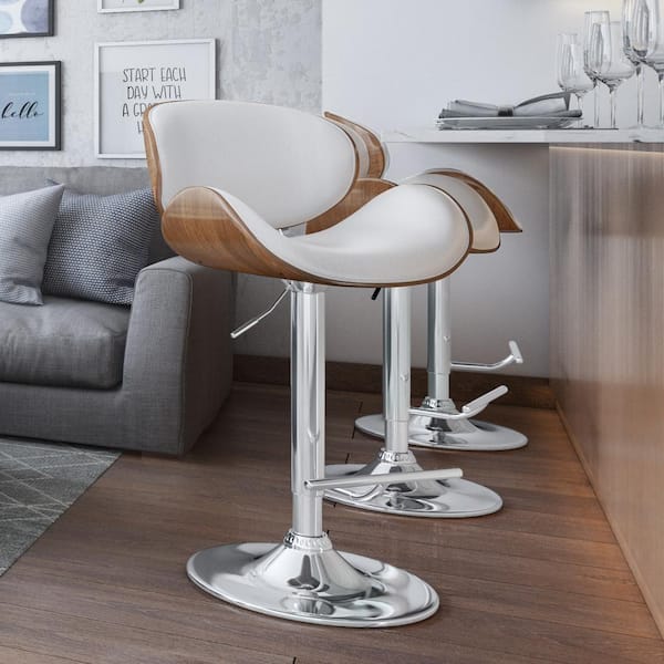 Marana Mid Century Modern 33 in. Bentwood Adjustable Swivel Bar Stool in White Vegan Faux Leather